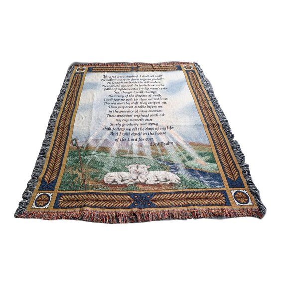 Vintage 23rd Psalm The Lord Is My Shepherd Tapestry Throw Blanket With Fringe - Picture 1 of 6